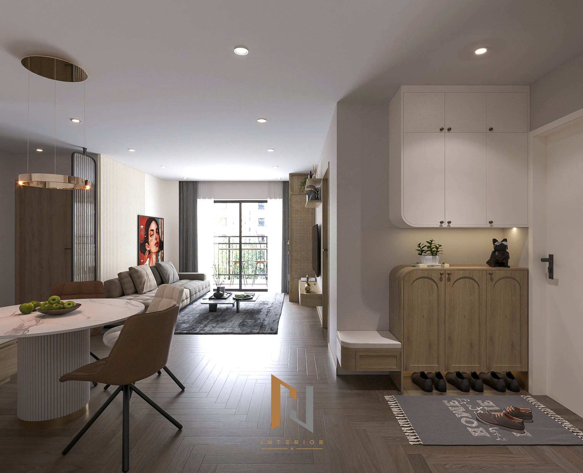 Hệ tủ sảnh vào nhà nối tiếp không gian khách–ăn