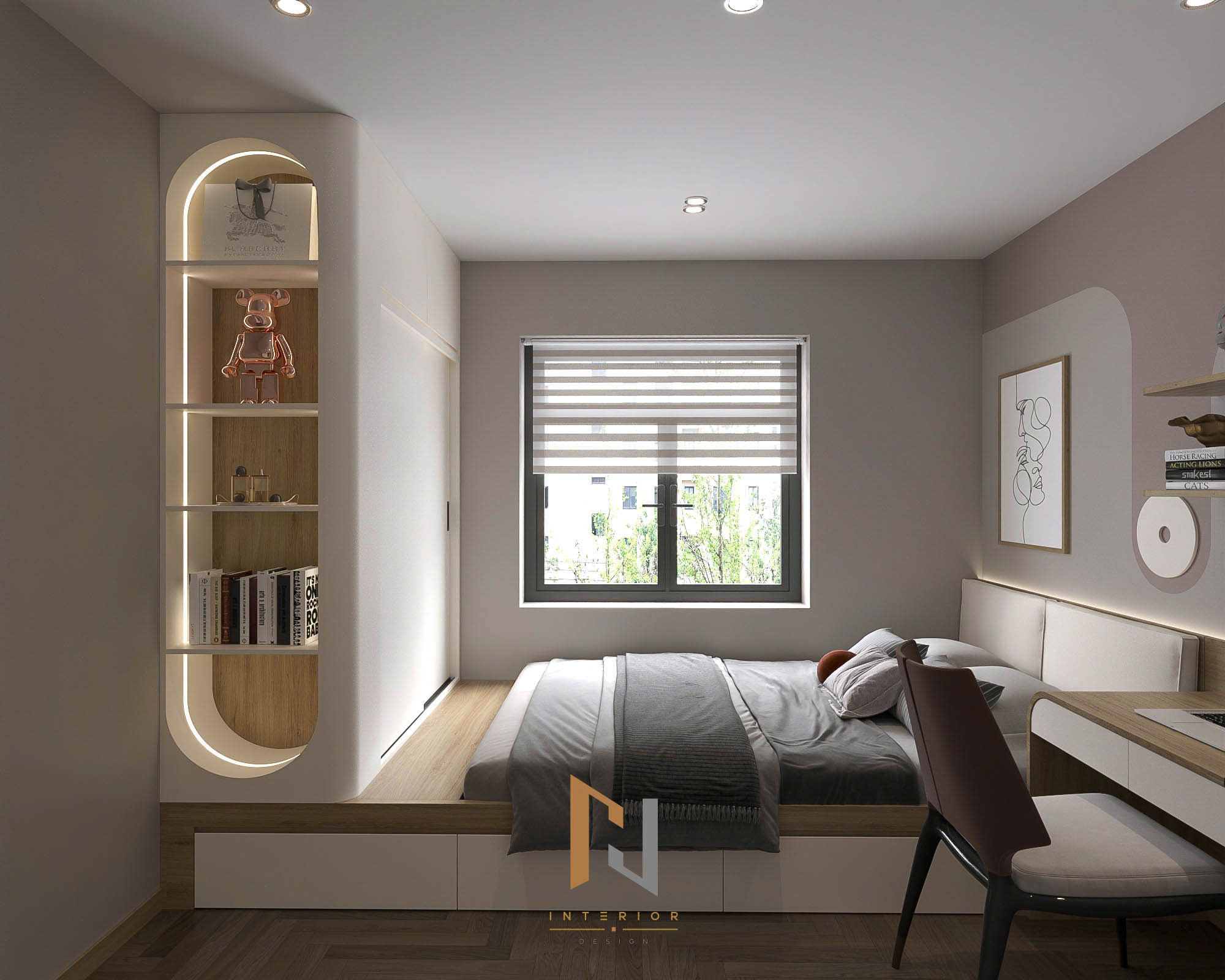 Toàn cảnh phòng ngủ với giường bục, tủ áo và bàn làm việc đồng bộ