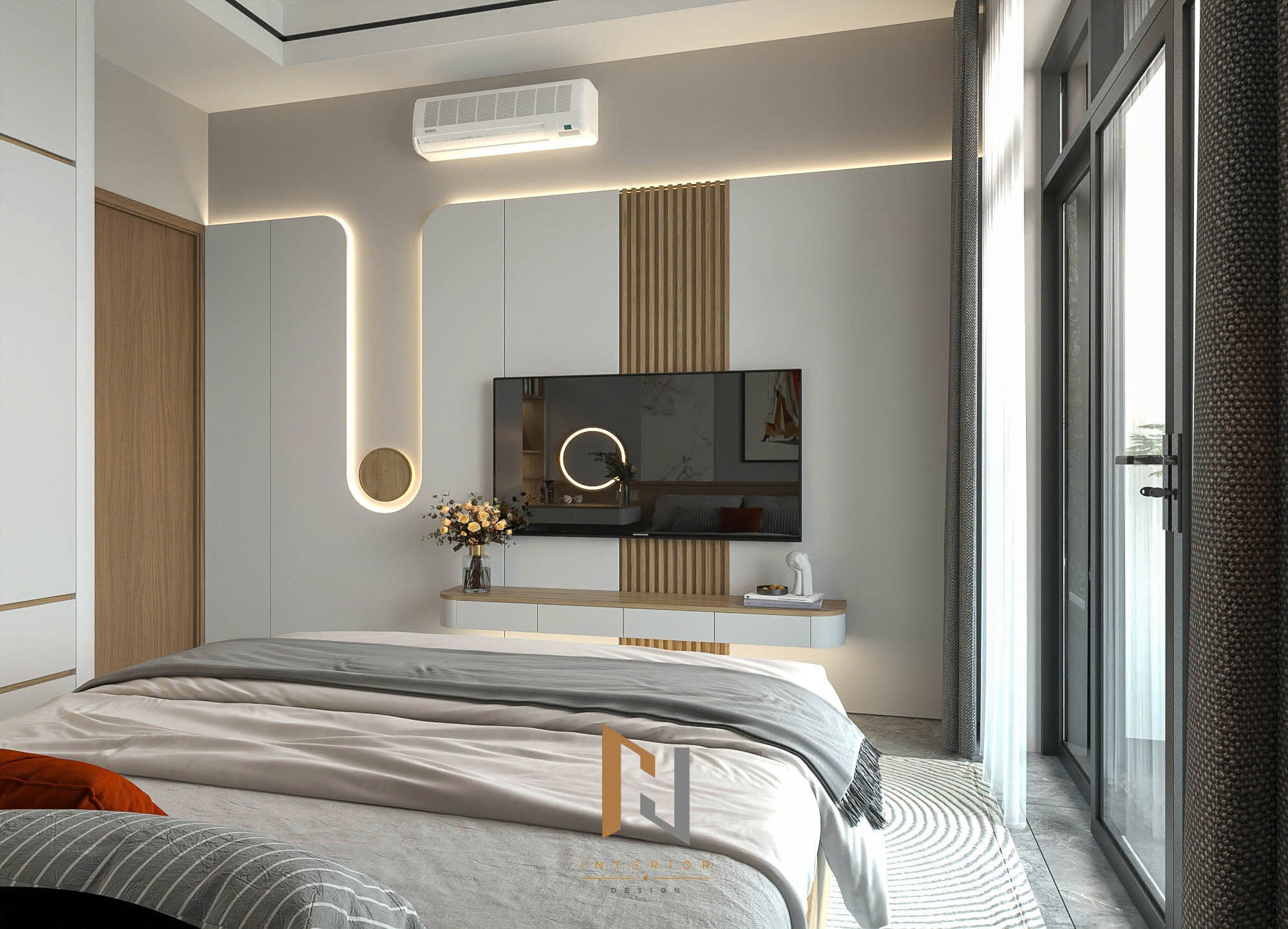 Kệ tivi phòng ngủ kết hợp mảng bo cong và nan gỗ