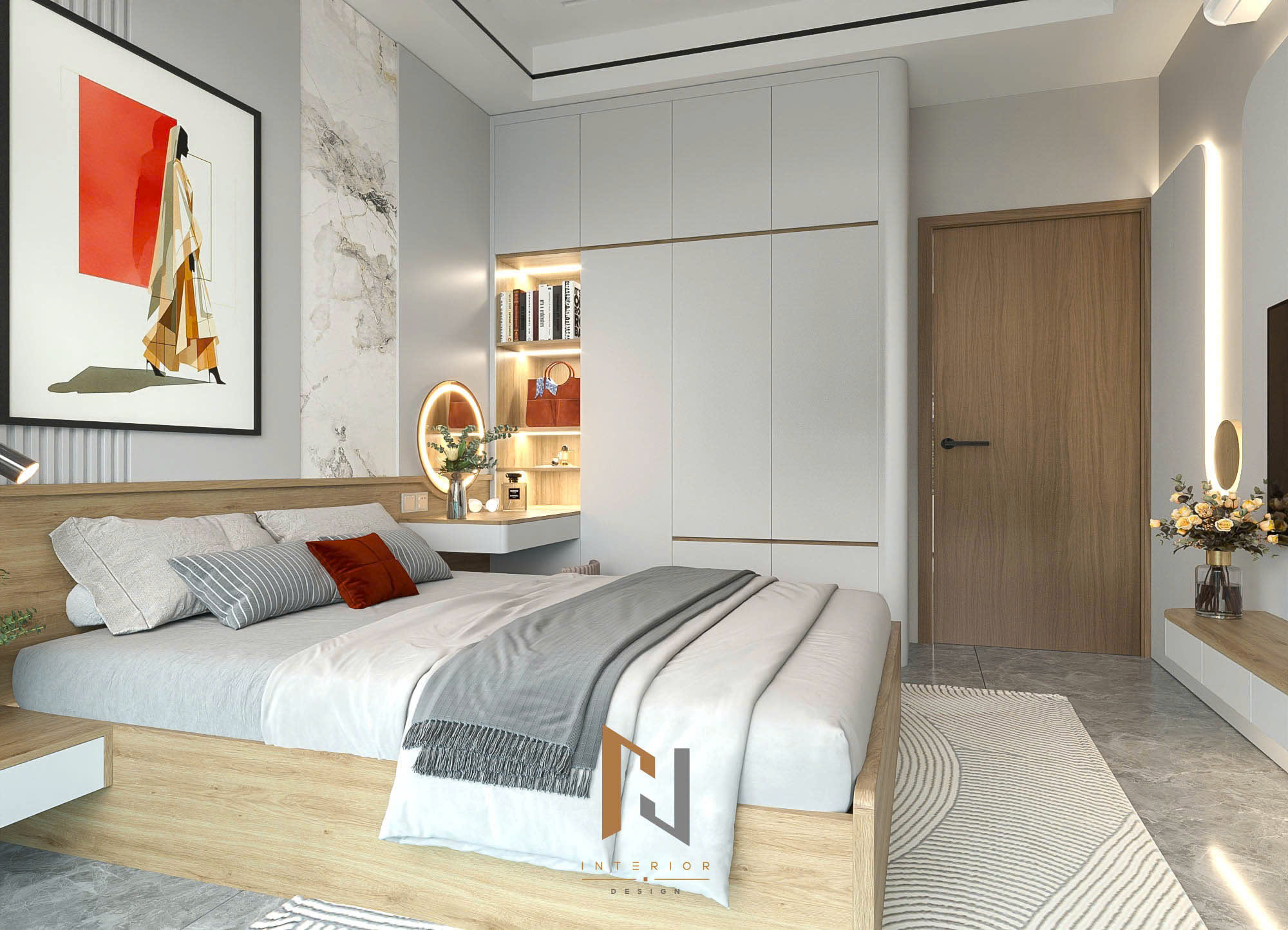 Hệ tủ áo và bàn trang điểm được xử lý đồng bộ