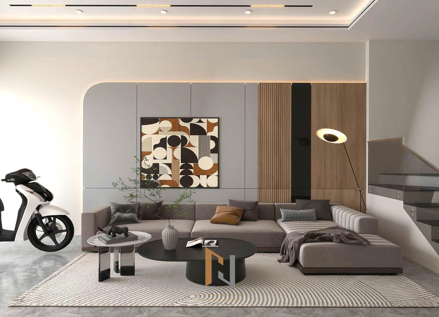 Phối cảnh 3D phòng khách với sofa góc và mảng tường trang trí