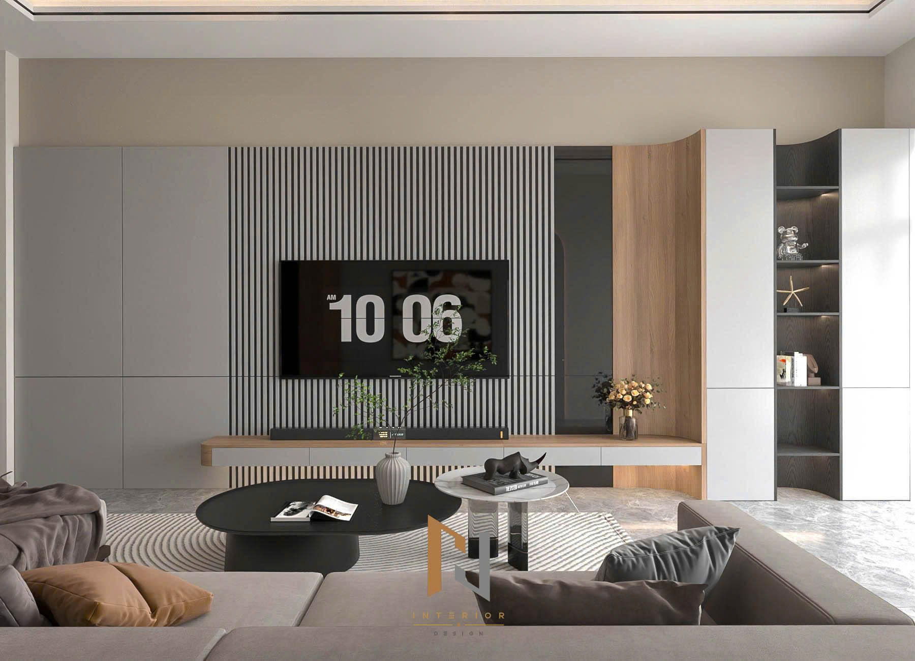 Phối cảnh 3D hệ kệ TV và tủ trưng bày phòng khách