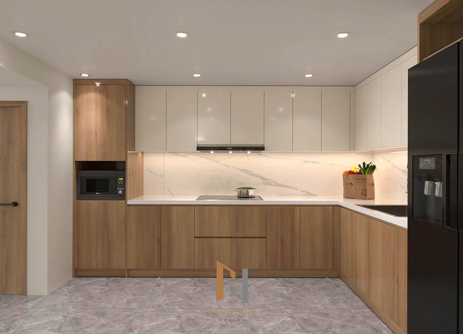 Phối cảnh 3D hệ tủ bếp chữ L kết hợp thiết bị âm tủ