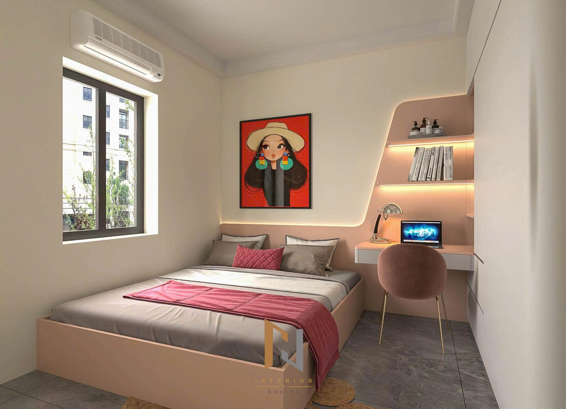 Phối cảnh 3D phòng ngủ trẻ kết hợp bàn học và tủ lưu trữ