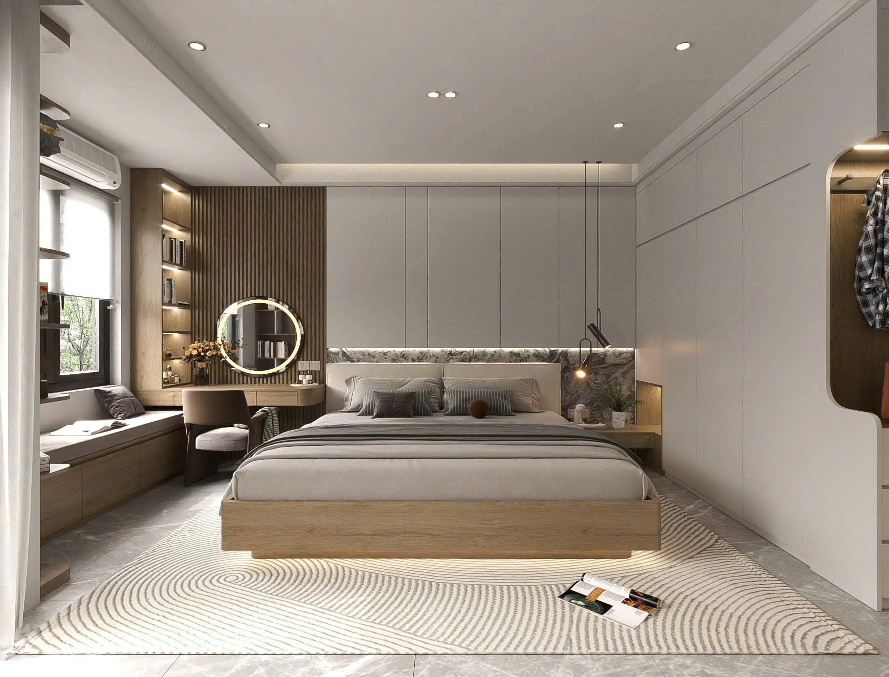 Phối cảnh 3D phòng ngủ với hệ tủ áo liền mạch và bàn trang điểm