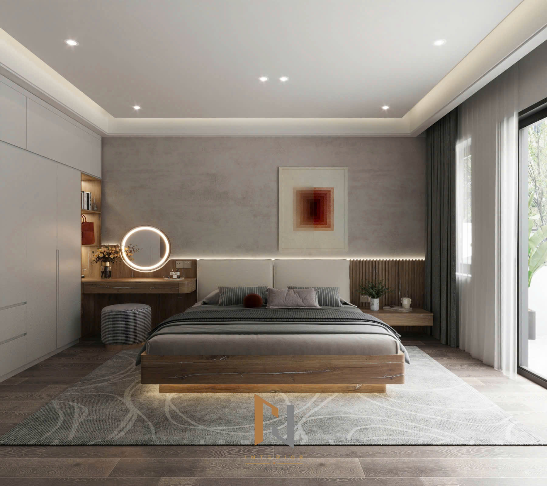 Phối cảnh 3D phòng ngủ với giường gỗ, bàn trang điểm và tủ áo