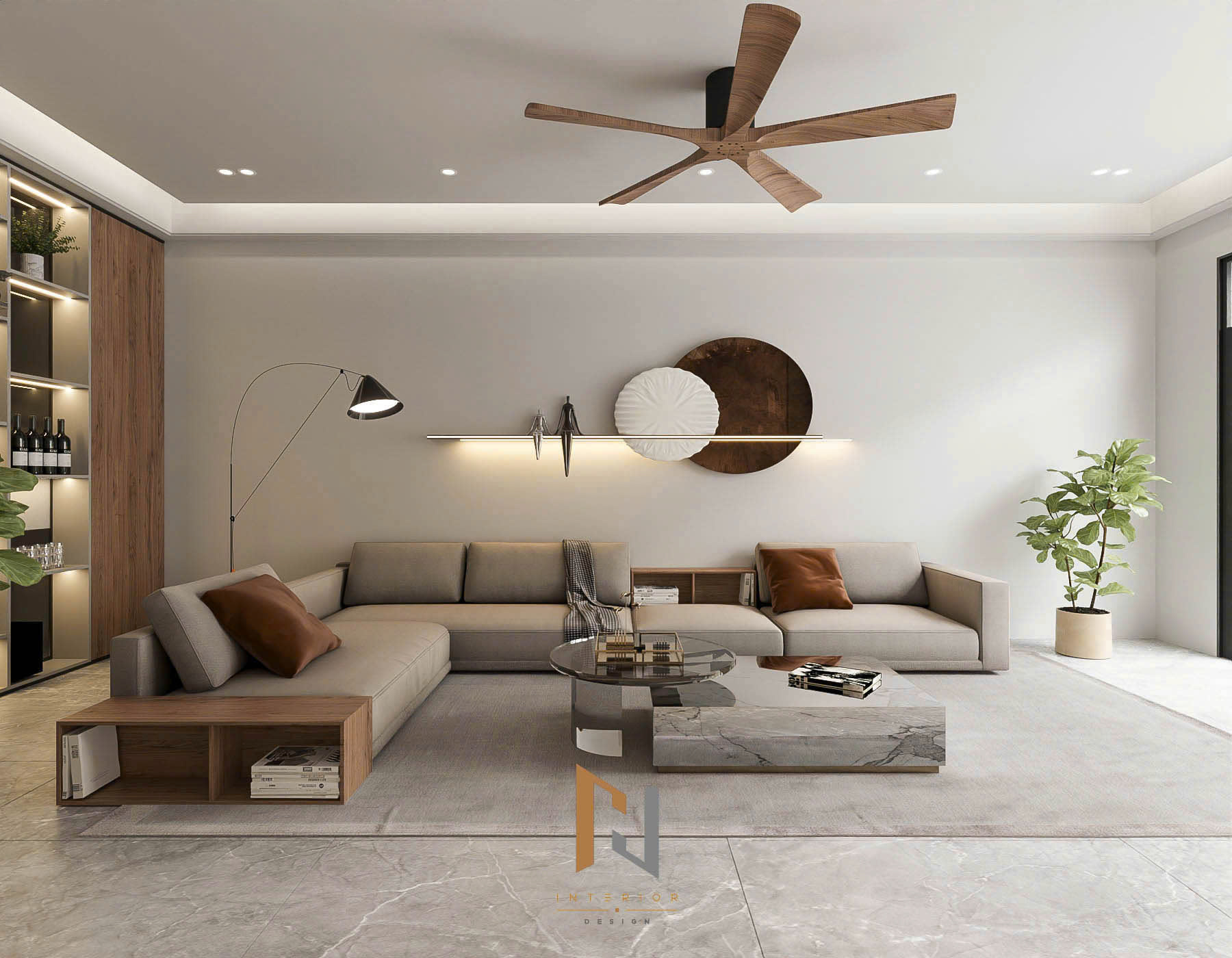 Phối cảnh 3D phòng khách với sofa góc và mảng trang trí tối giản