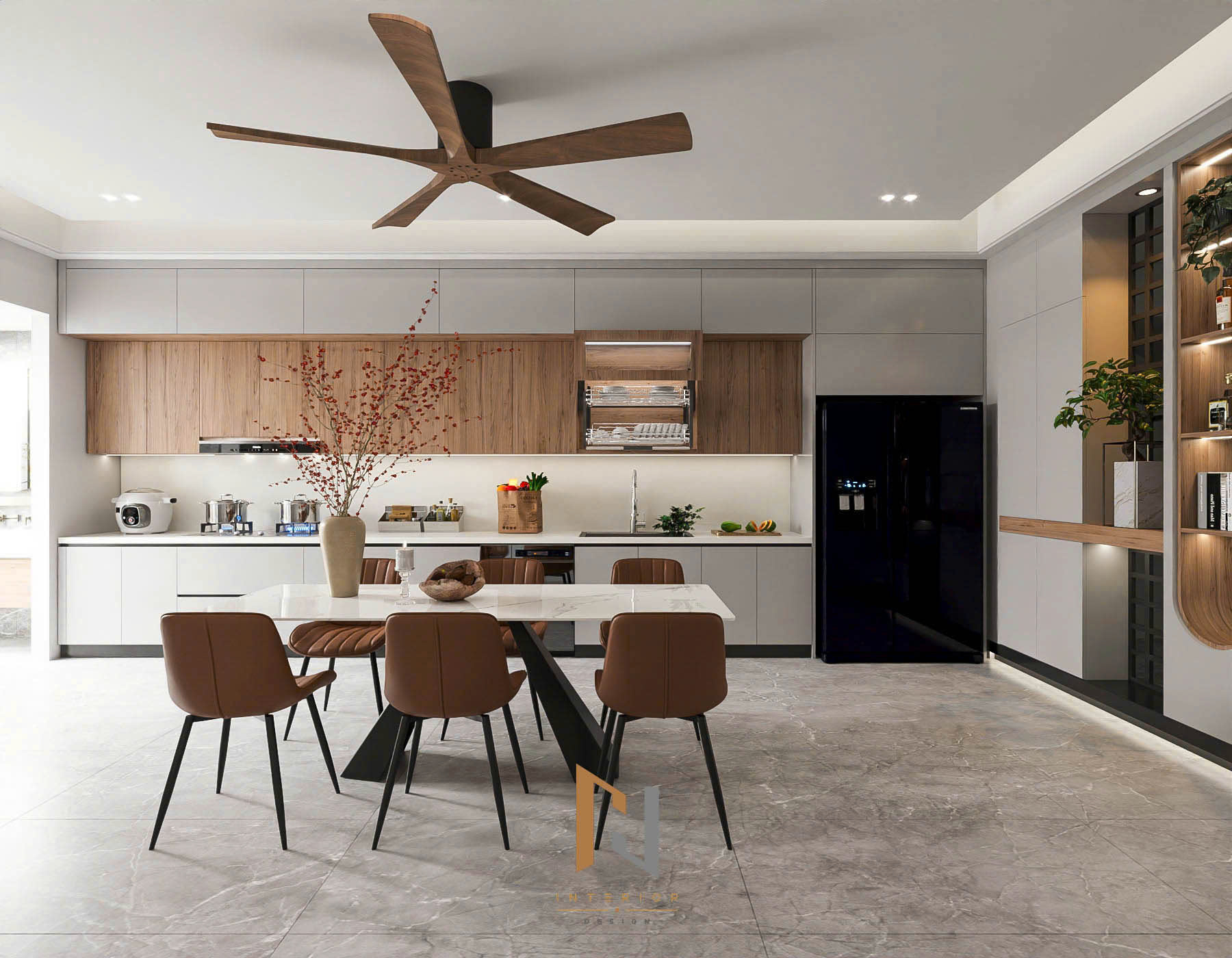 Phối cảnh 3D tổng thể không gian bếp–ăn