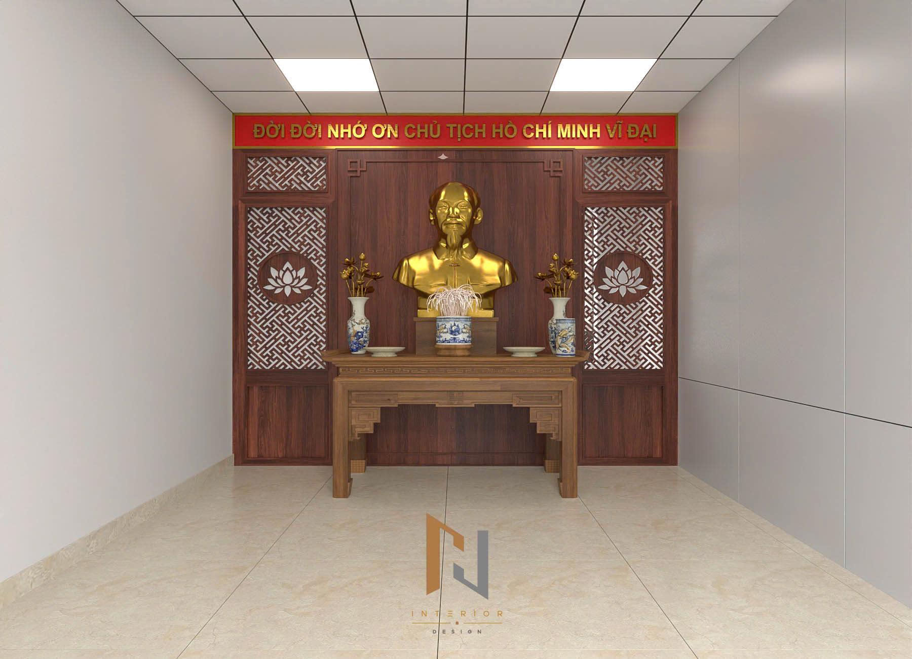 Phương án Phòng Bác Hồ với trục tưởng niệm trang trọng và bố cục cân xứng