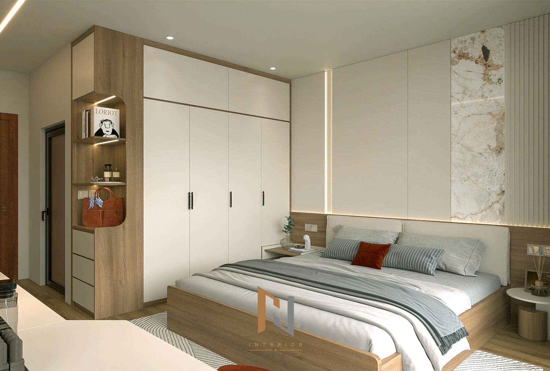 Giường ngủ và tủ áo kịch trần được thiết kế đồng bộ